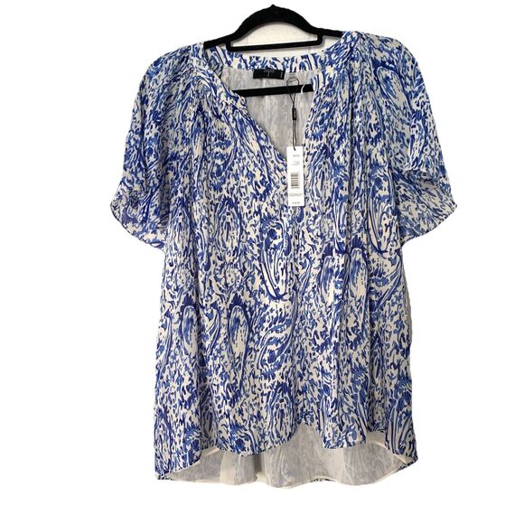 Tahari Womens 1X Shirt Blouse Flowy Flutter Sleeves Blue White Floral NEW - Picture 1 of 8